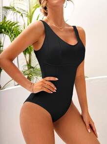 SHEIN Swim 素色連體泳衣 - 黑色 - 查看 4