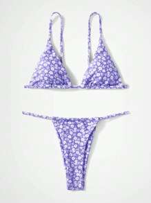 SHEIN Swim Summer Beach Ditsy Floral Print Triangle Thong Bikini Set Sexy Bikini Set - Mauve Purple - View 3