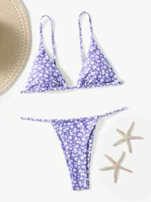 SHEIN Swim Summer Beach Ditsy Floral Print Triangle Thong Bikini Set Sexy Bikini Set - Mauve Purple - View 4