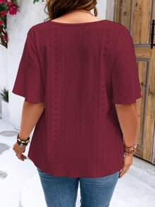 SHEIN LUNE Plus Eyelet Embroidery Butterfly Sleeve Tee - Burgundy - View 2