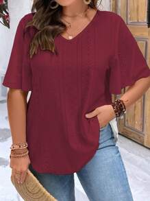 SHEIN LUNE Plus Eyelet Embroidery Butterfly Sleeve Tee - Burgundy - View 3