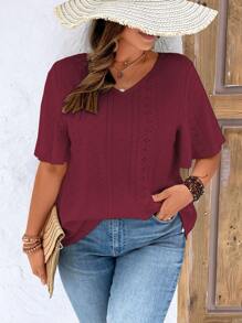 SHEIN LUNE Plus Eyelet Embroidery Butterfly Sleeve Tee - Burgundy - View 4