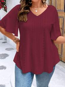 SHEIN LUNE Plus Eyelet Embroidery Butterfly Sleeve Tee - Burgundy - View 5