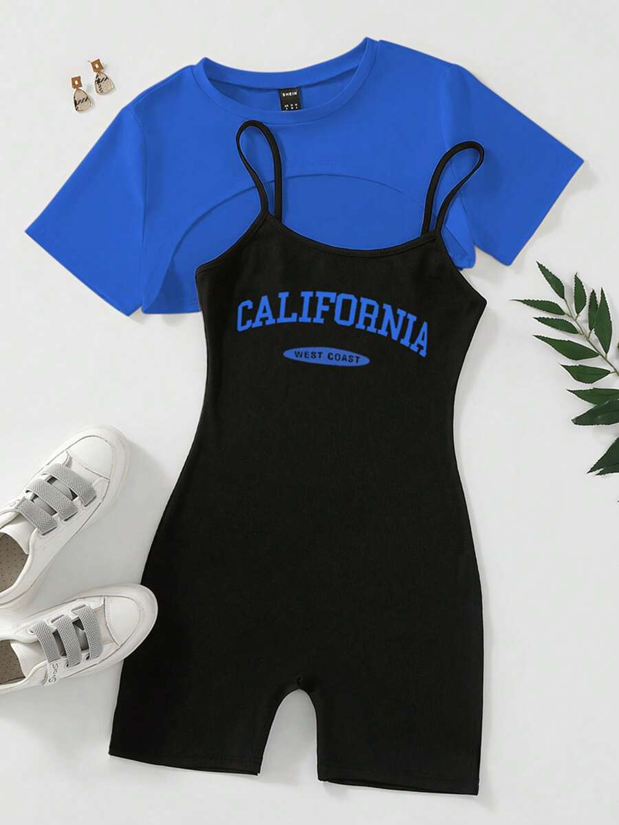 SHEIN Unity 高低下擺短款T恤和字母圖案吊帶連體短褲 - 彩色 - 查看 1