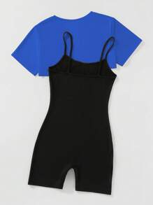 SHEIN Unity 高低下擺短款T恤和字母圖案吊帶連體短褲 - 彩色 - 查看 2