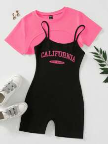 SHEIN Unity High Low Hem Crop Tee & Letter Graphic Cami Romper - Multicolor - View 1