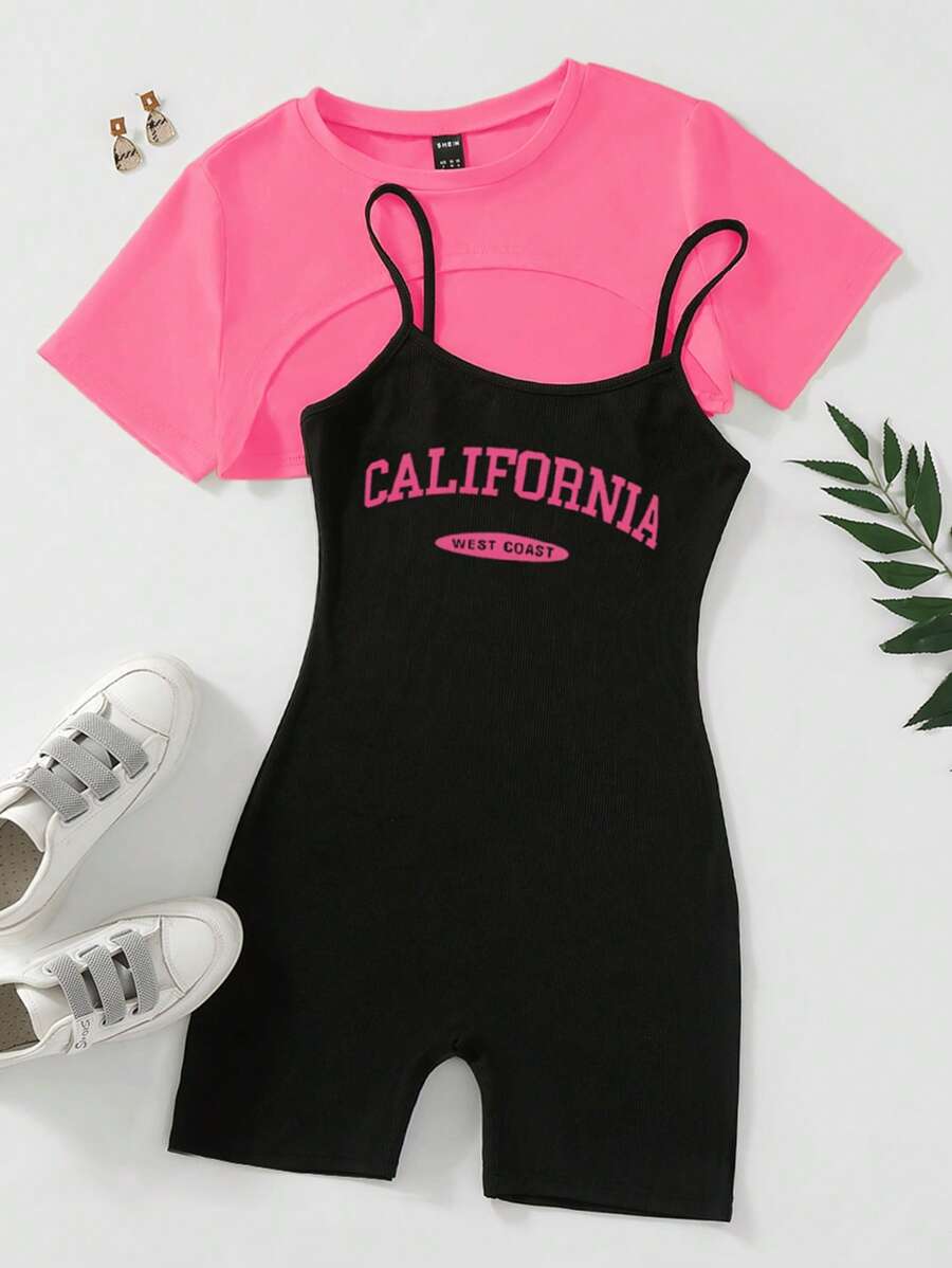 SHEIN Unity High Low Hem Crop Tee & Letter Graphic Cami Romper - Multicolor - View 1