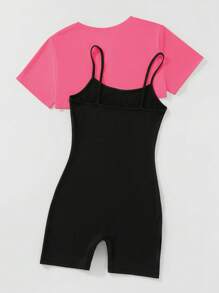 SHEIN Unity High Low Hem Crop Tee & Letter Graphic Cami Romper - Multicolor - View 2