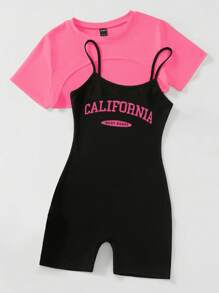 SHEIN Unity High Low Hem Crop Tee & Letter Graphic Cami Romper - Multicolor - View 6