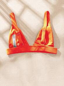 SHEIN Swim 夏季沙灘實色凹凸V領比基尼上衣，泳裝 - 橘色 - 查看 2