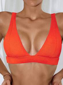 SHEIN Swim 夏季沙灘實色凹凸V領比基尼上衣，泳裝 - 橘色 - 查看 3