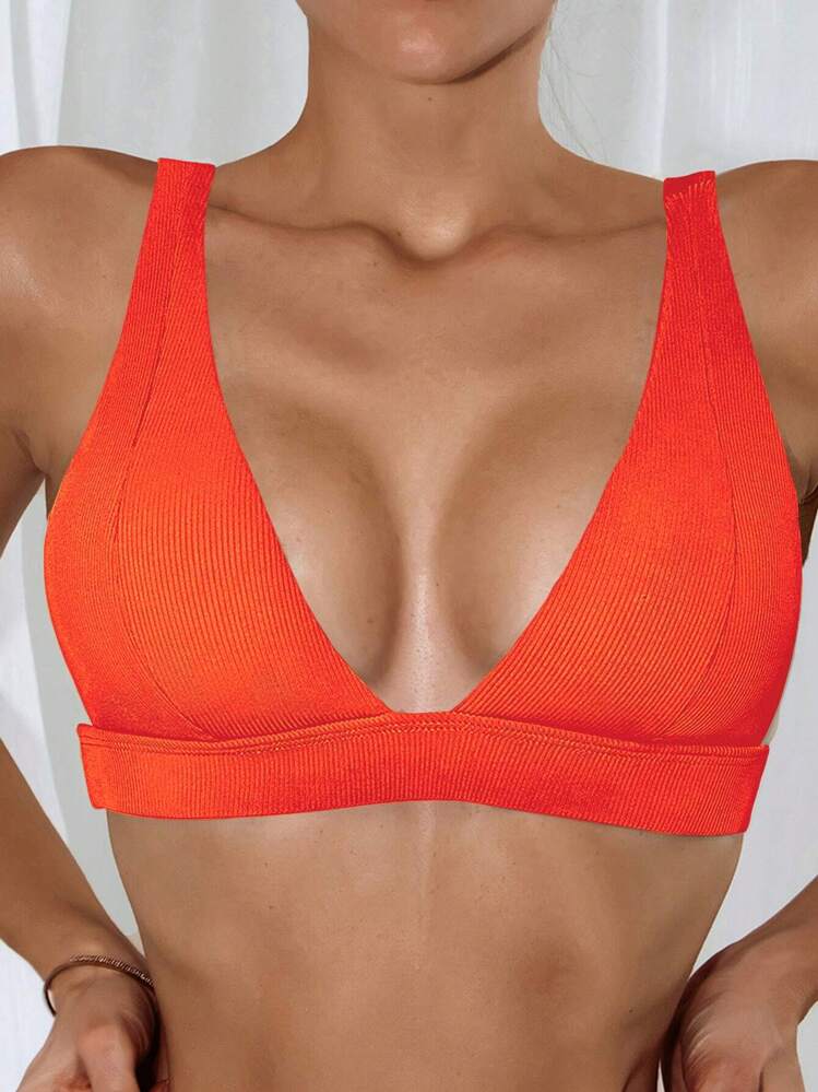 SHEIN Swim Parte superior de bikini con cuello en V acanalado sólido de playa de verano, traje de baño - Naranja - Ver 3