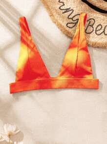 SHEIN Swim 夏季沙灘實色凹凸V領比基尼上衣，泳裝 - 橘色 - 查看 4