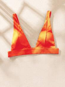 SHEIN Swim 夏季沙灘實色凹凸V領比基尼上衣，泳裝 - 橘色 - 查看 5