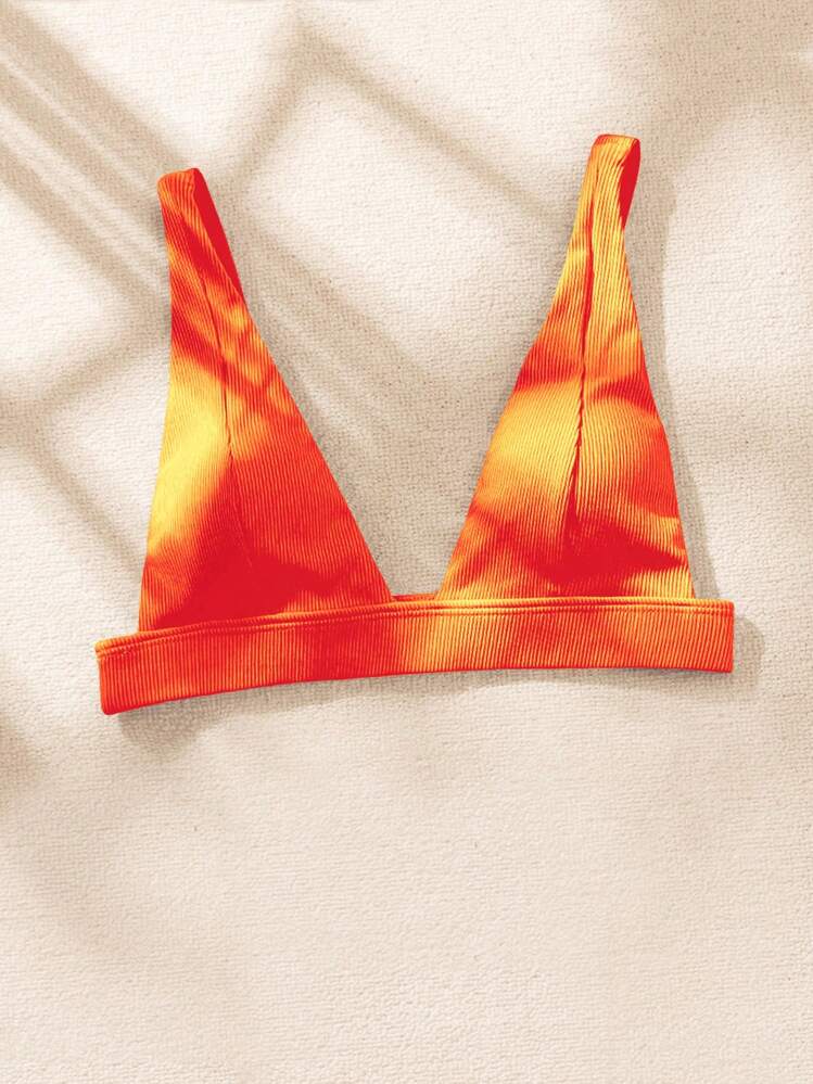 SHEIN Swim Parte superior de bikini con cuello en V acanalado sólido de playa de verano, traje de baño - Naranja - Ver 5