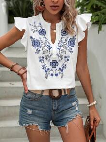 SHEIN LUNE Áo sơ mi nữ Xù Thêu Hoa Boho - trắng - Xem 4