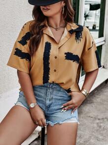 SHEIN LUNE Plus Brush Print Drop Shoulder Shirt - Yellow - View 5