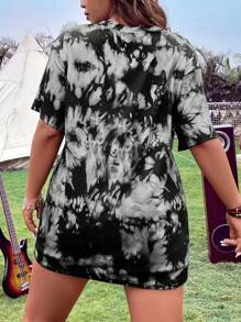 Flirla Áo thun Plus size Tương phản Mesh Cà vạt nhuộm Giải trí - Màu xám đen - Xem 2