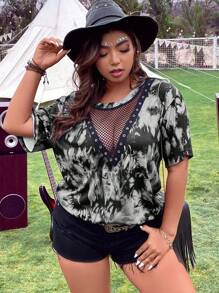 Flirla Áo thun Plus size Tương phản Mesh Cà vạt nhuộm Giải trí - Màu xám đen - Xem 4