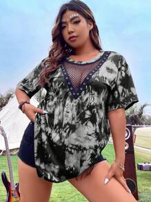 Flirla Áo thun Plus size Tương phản Mesh Cà vạt nhuộm Giải trí - Màu xám đen - Xem 5