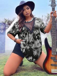 Flirla Áo thun Plus size Tương phản Mesh Cà vạt nhuộm Giải trí - Màu xám đen - Xem 7