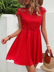 SHEIN Holidaya Guipure Lace Insert A-line Dress - Red - View 2