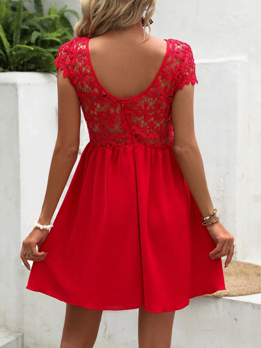 SHEIN Holidaya Guipure Lace Insert A-line Dress - Red - View 1