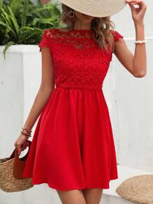 SHEIN Holidaya Guipure Lace Insert A-line Dress - Red - View 3