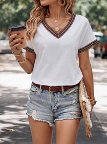 SHEIN LUNE 拼接邊蝙蝠袖襯衫 - 白色 - 查看 1