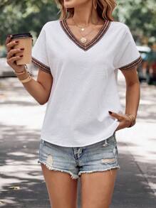 SHEIN LUNE 拼接邊蝙蝠袖襯衫 - 白色 - 查看 4