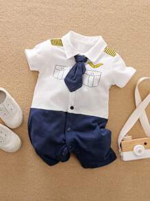 Yierying Baby Boy Color-block Shirt Romper & Tie - Blue and White - View 1