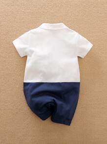 Yierying Baby Boy Color-block Shirt Romper & Tie - Blue and White - View 2