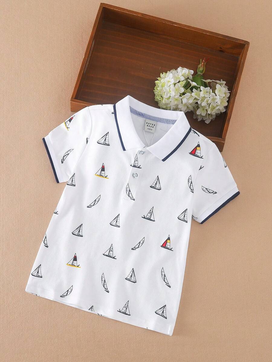 Boys Sailboat Print Contrast Trim Polo Shirt - White - View 1