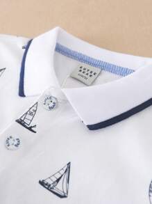 Boys Sailboat Print Contrast Trim Polo Shirt - White - View 3