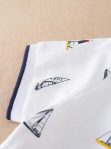 Boys Sailboat Print Contrast Trim Polo Shirt - White - View 4