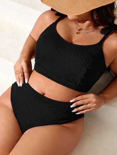 SHEIN Swim Curve 大尺碼單色高腰比基尼套裝，適用於夏季海灘