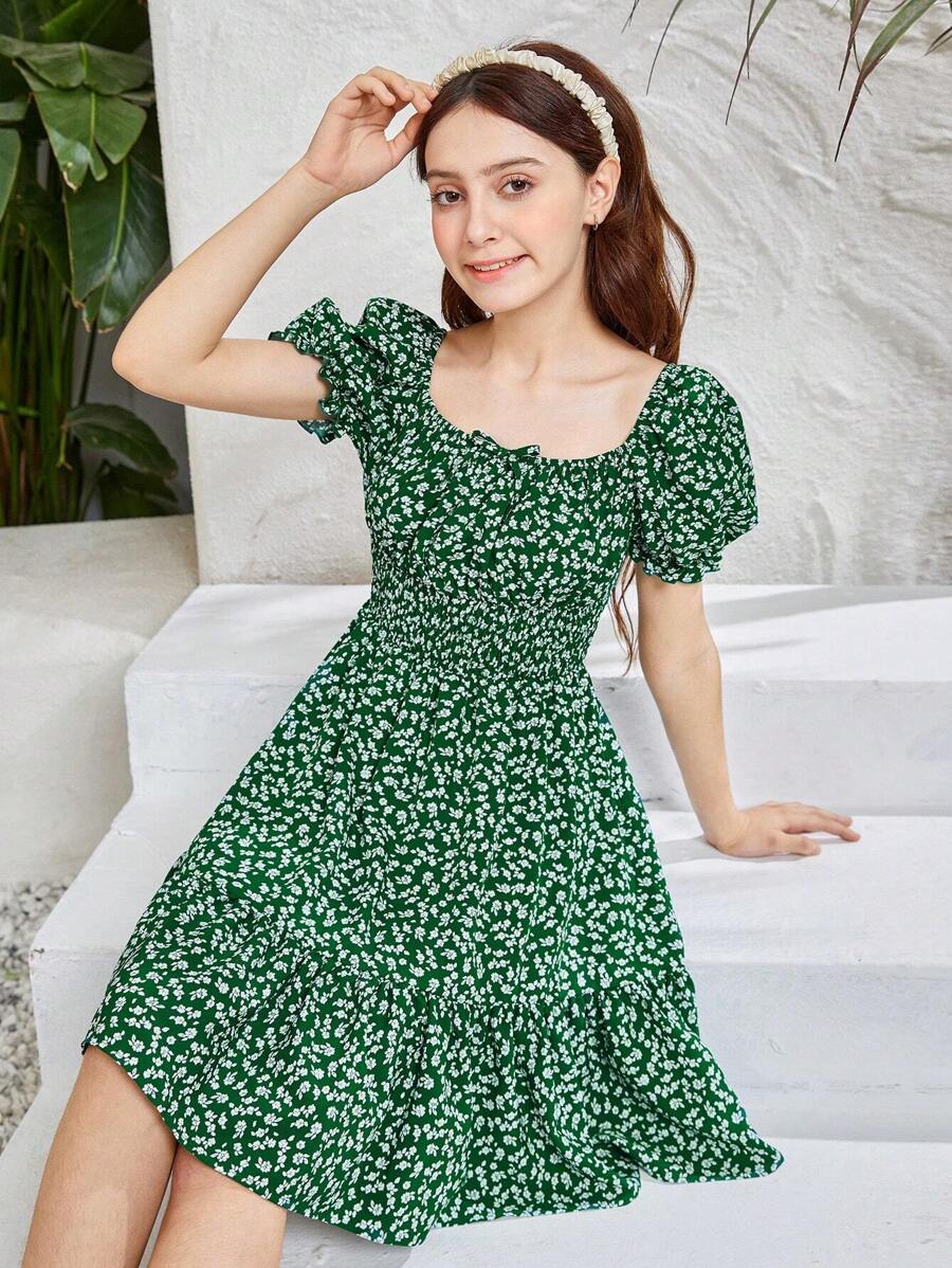 SHEIN 青少年女孩碎花泡泡袖荷葉邊連衣裙 - 彩色 - 查看 1