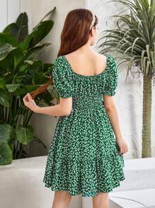 SHEIN 青少年女孩碎花泡泡袖荷葉邊連衣裙 - 彩色 - 查看 2