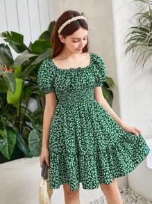 SHEIN 青少年女孩碎花泡泡袖荷葉邊連衣裙 - 彩色 - 查看 3