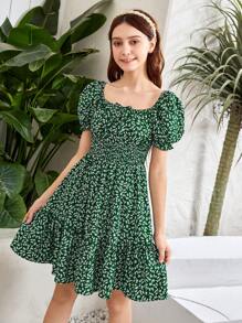 SHEIN 青少年女孩碎花泡泡袖荷葉邊連衣裙 - 彩色 - 查看 4