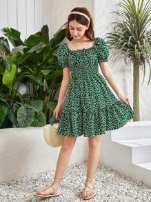 SHEIN 青少年女孩碎花泡泡袖荷葉邊連衣裙 - 彩色 - 查看 5