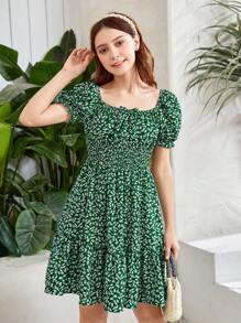 SHEIN 青少年女孩碎花泡泡袖荷葉邊連衣裙 - 彩色 - 查看 6