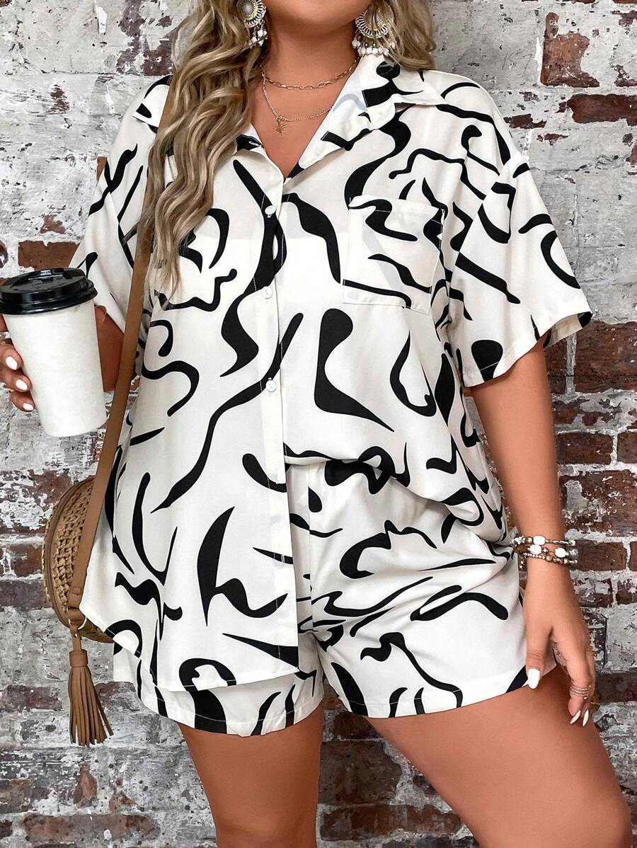 SHEIN LUNE 大碼滿版印花落肩袖襯衫和短褲