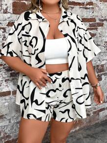 SHEIN LUNE 大碼滿版印花落肩袖襯衫和短褲