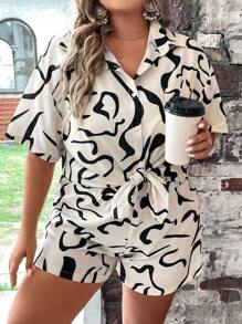 SHEIN LUNE 大碼滿版印花落肩袖襯衫和短褲