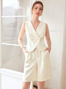 MOTF PREMIUM CROPPED DOUBLE-BREASTED WAISTCOAT - Beige - View 5