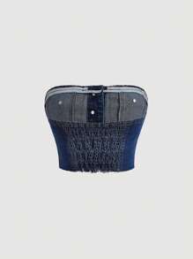 SHEIN MOD Áo khoác denim nữ Túi Hem thô Dải chun Nút phía trước màu trơn Giải trí - Rửa tối - Xem 2