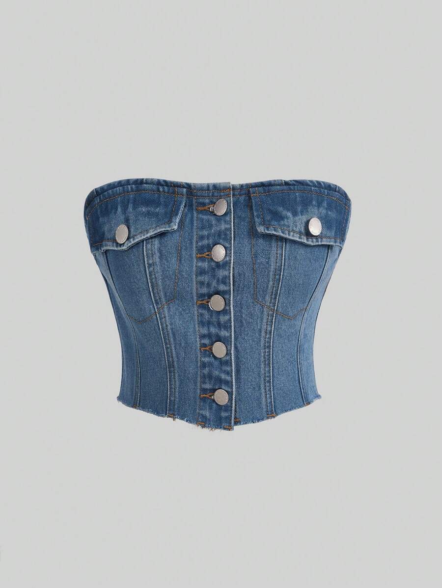 SHEIN Áo khoác denim nữ Bất đối xứng Dải chun Nút phía trước màu trơn Giải trí - Rửa trung bình - Xem 1