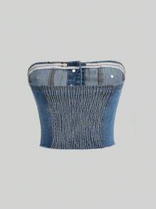 SHEIN Áo khoác denim nữ Bất đối xứng Dải chun Nút phía trước màu trơn Giải trí - Rửa trung bình - Xem 2