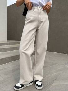 DAZY Solid Straight Leg Jeans - Beige - View 1